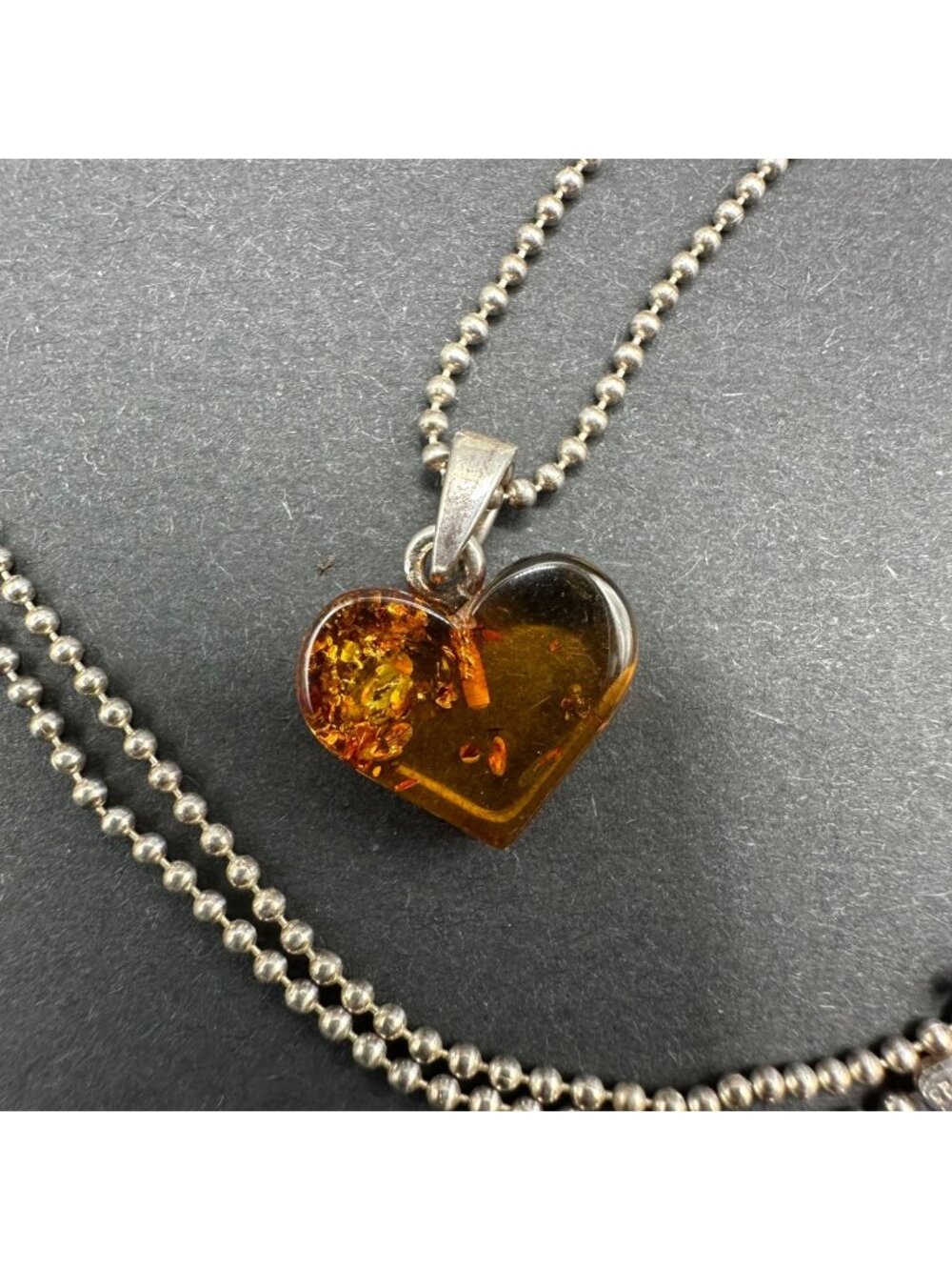 Natural Amber Heart Shaped Pendant On Sterling Silver Italy Ball Chain 20"